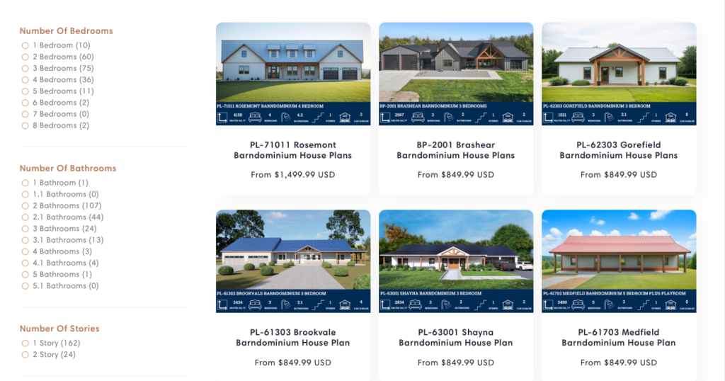 Screenshot of BarndominiumPlans.com showing a grid of barndominium floor plans with images, pricing, and filters to select number of bedrooms, bathrooms, and stories on the left sidebar.